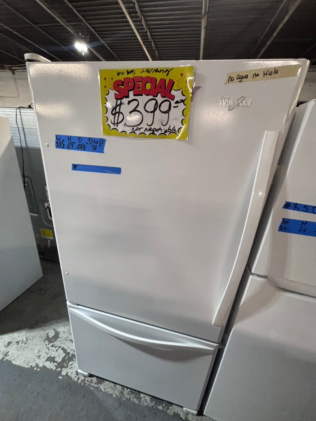 >>whirlpool 33” bottom freezer refrigerator no ice maker white color 33" used-refurbished #RFW9D5B