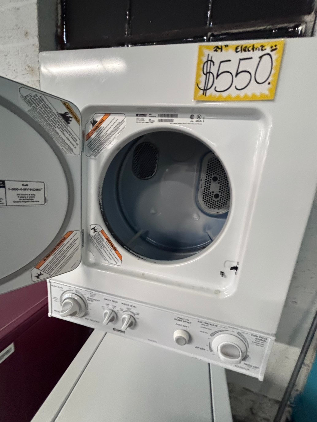 >*kenmore  stacked laundry center Electric 220v washer & dryer set used -in  white 24" #LWCY4B