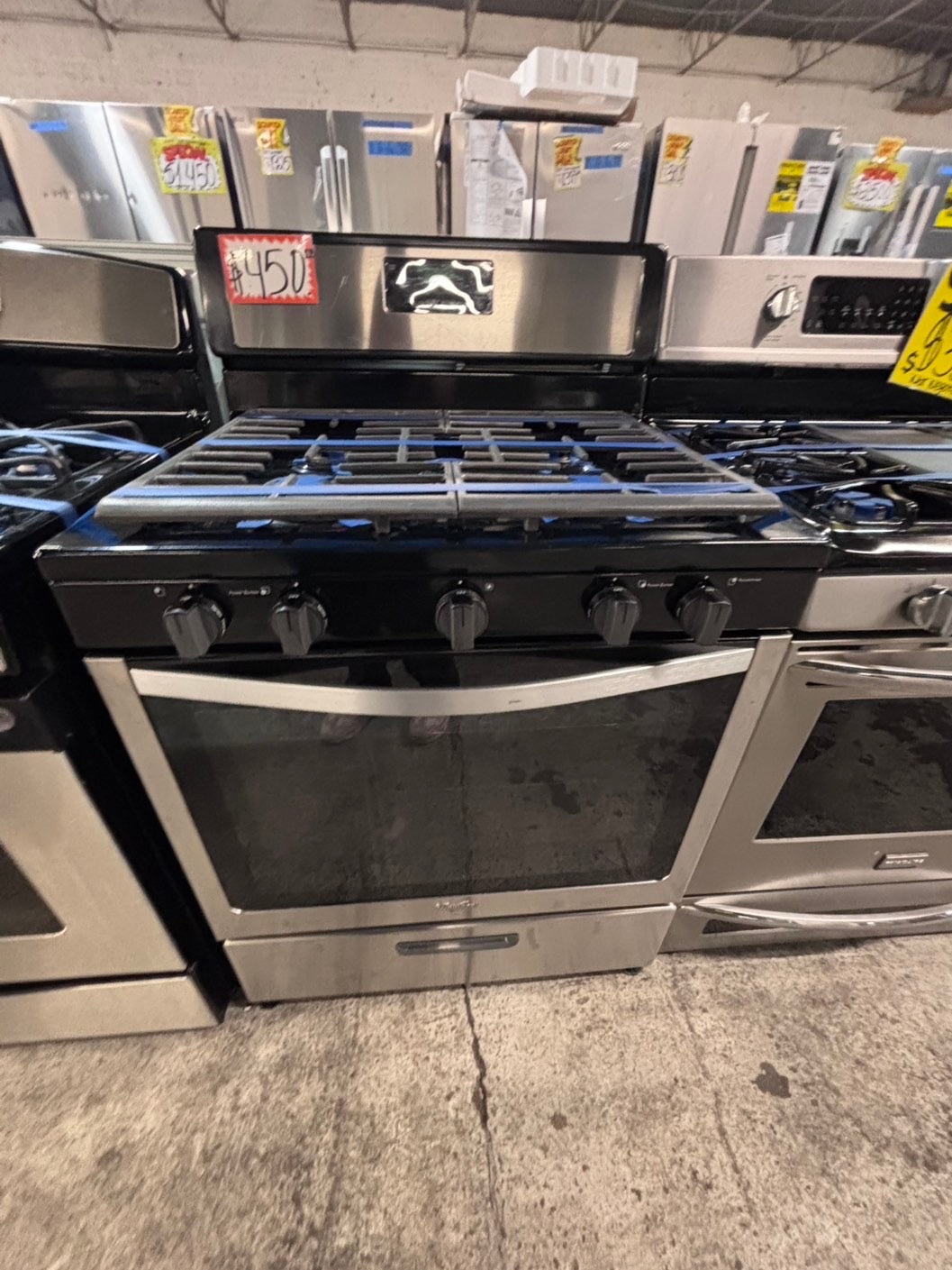 >*whirlpool Gas range 5 burner convection oven bake ,broil Hi/Lo self clean in stainless steel used-Refurbished 30” #SWW746B