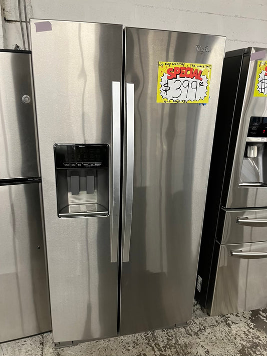 - Whirlpool Side x side  Refrigerator stainless steel  NO ice maker /  NO water dispenser - item number #RF739AB 36” in Refurbished
