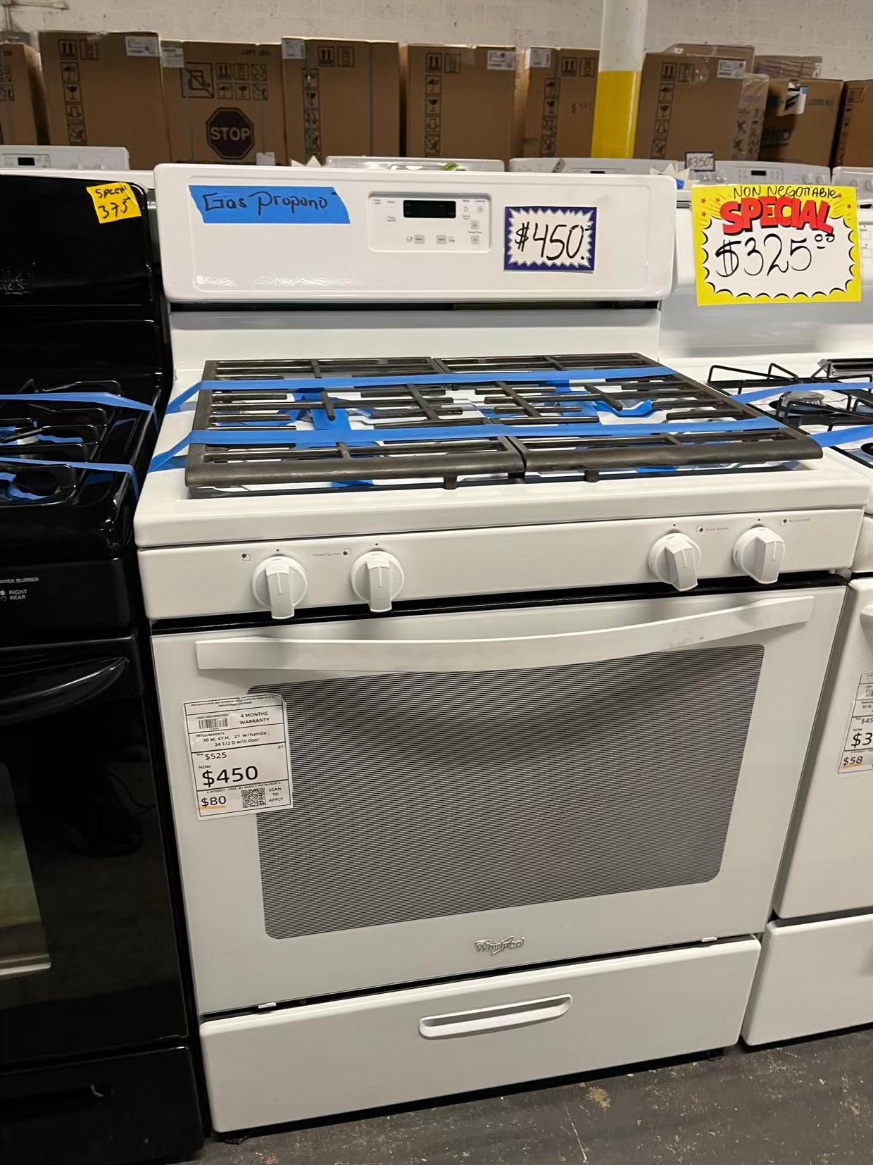 Whirlpool white gas propane range 4 burner bake broil 30" Refurbished #GR384AB