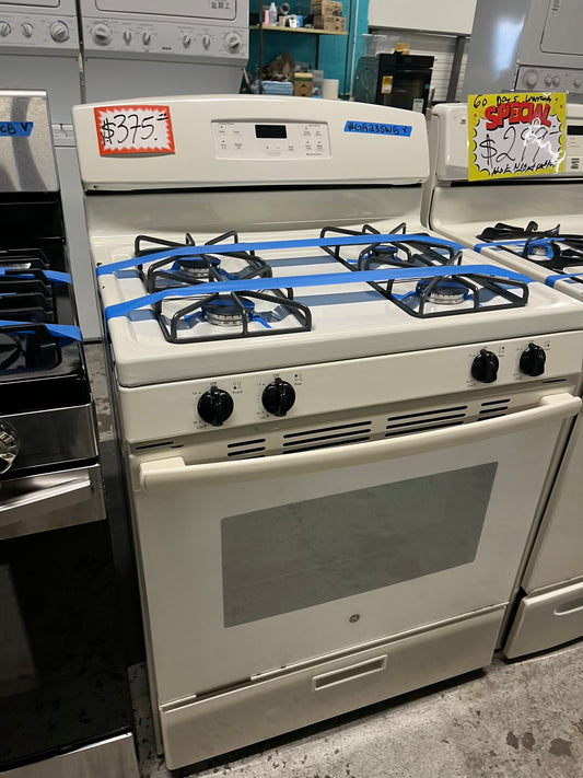 - GE Gas range 4 burner bake broil hi/lo in off white Refurbished 30" #GR235WB