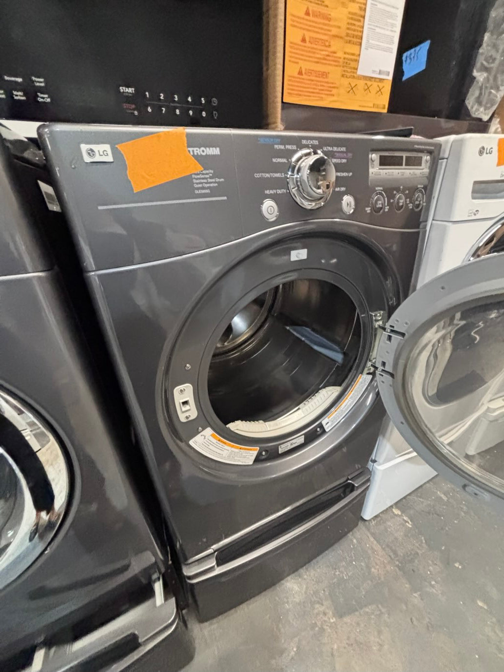 }LG used- refurbished front load electric 220v dryer & washer large  capacity with pedestals in gray color 27” #FLSGTV7B
