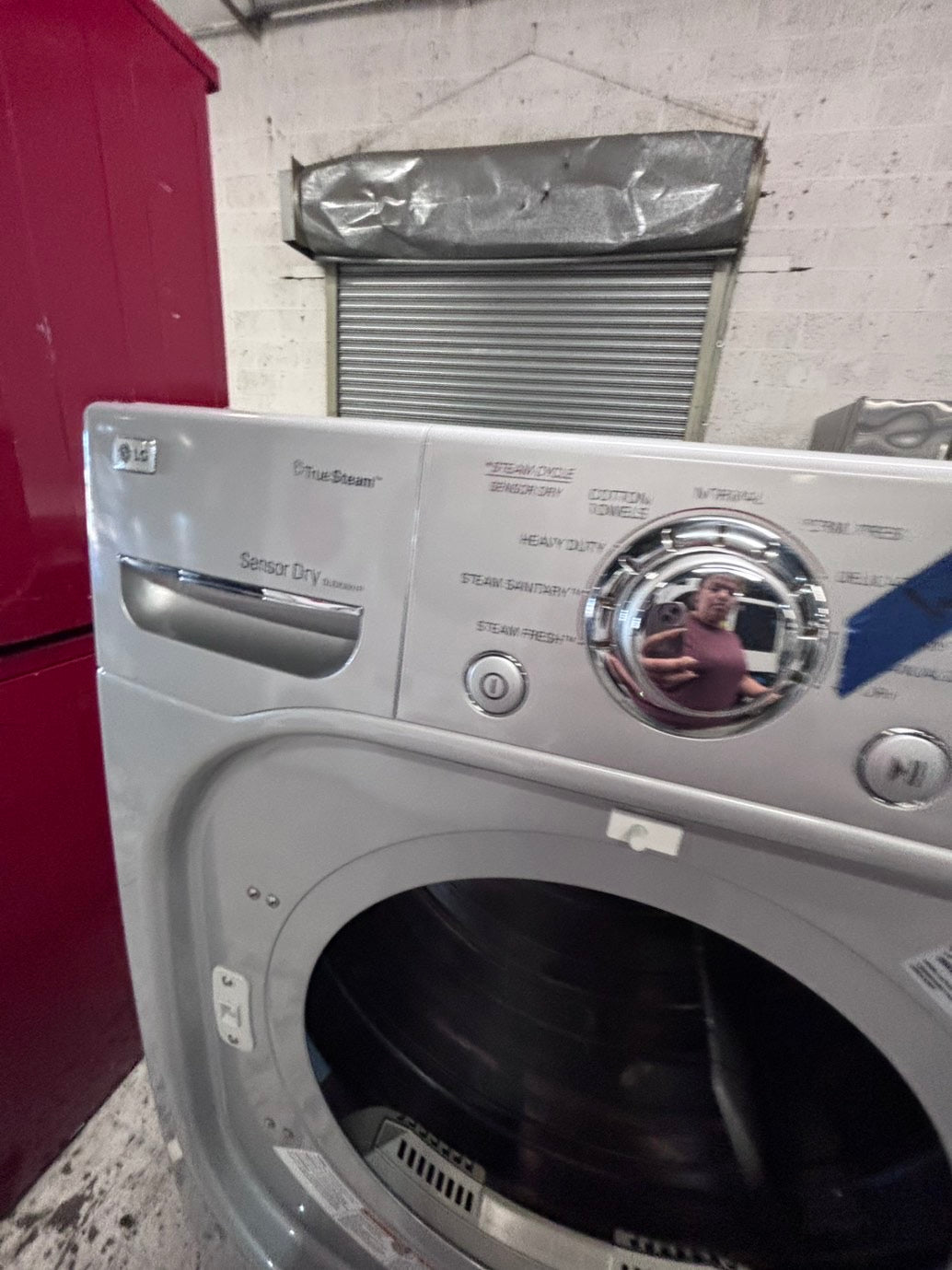 >*LG gray  Dryer electric 220v in front load w/pedestal extra storage stainless steel drum large capacity 27" used-refurbished #EGE44XB