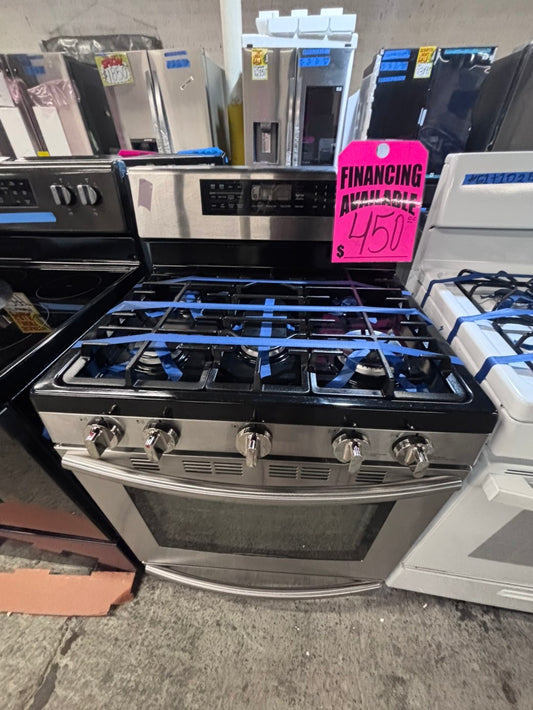 >>samsung Gas range 5 burner convection oven bake ,broil Hi/Lo self clean in stainless steel used-Refurbished 30” #SGX11SB