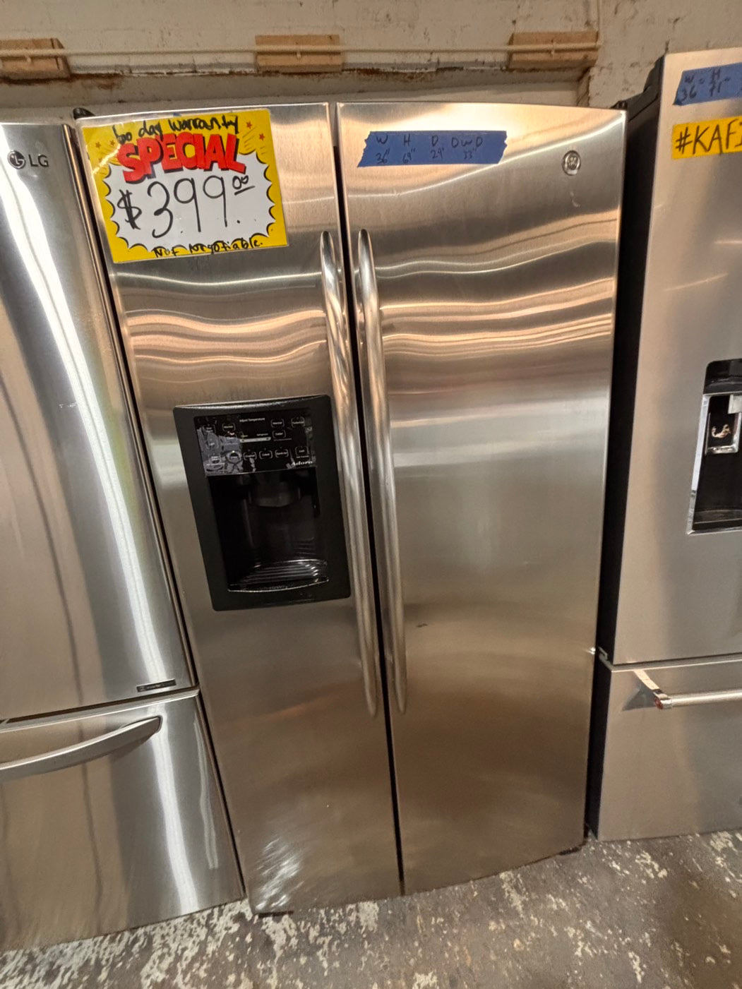 >*SPECIAL🔥🔥36” x 69h x 28”depth GE side by side Refrigerator and freezer stainless steel w/ice water dispenser 36” #SBW2RZB