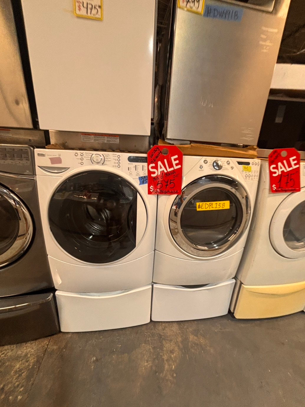 >*SALE🔥used- refurbished Kenmore washer & whirlpool dryer mix & match front load electric 220v large  capacity with pedestals in white  color 27” #ES8KV7B