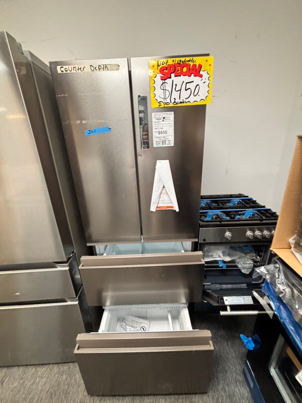 >Open Box 📦 Scratch & Dent 2pc. Combo stove 24” Bloomberg & fridge Haier four door refrigerator stainless steel counter depth 28" no ice maker #RF492KB2PC.