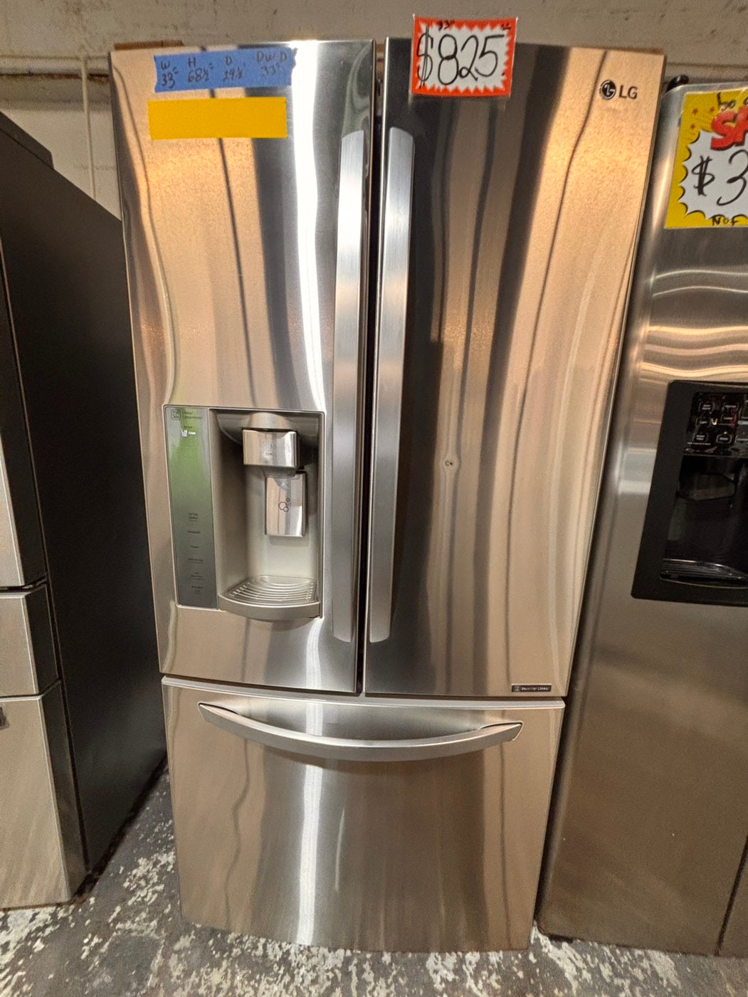 >*LG 33”wide 33” doors French door Refrigerator 33w x 69h x29 1/2depth. /stainless steel w/ ice water dispenser 33" #RLGH38B