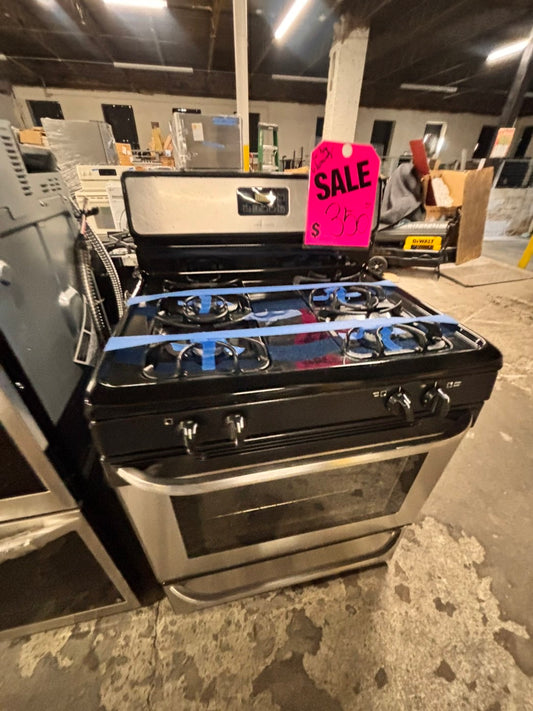 >frigidaire stainless steel Gas range 4 burner bake broil Hi/Lo self clean in stain used-Refurbished 30” #FGEZ23B