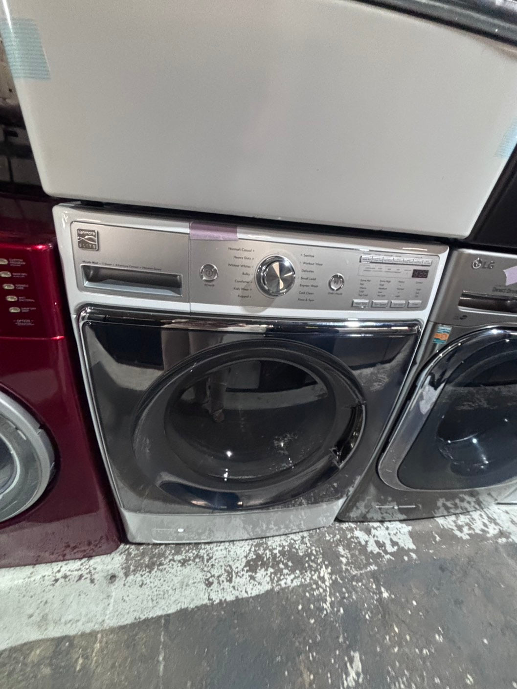 >*special🔥used great condition 29”refurbished kenmore washer & dryer set white color ,electric front load jumbo size stackable or side by side stainless steel drum 29" #WKM5S9B