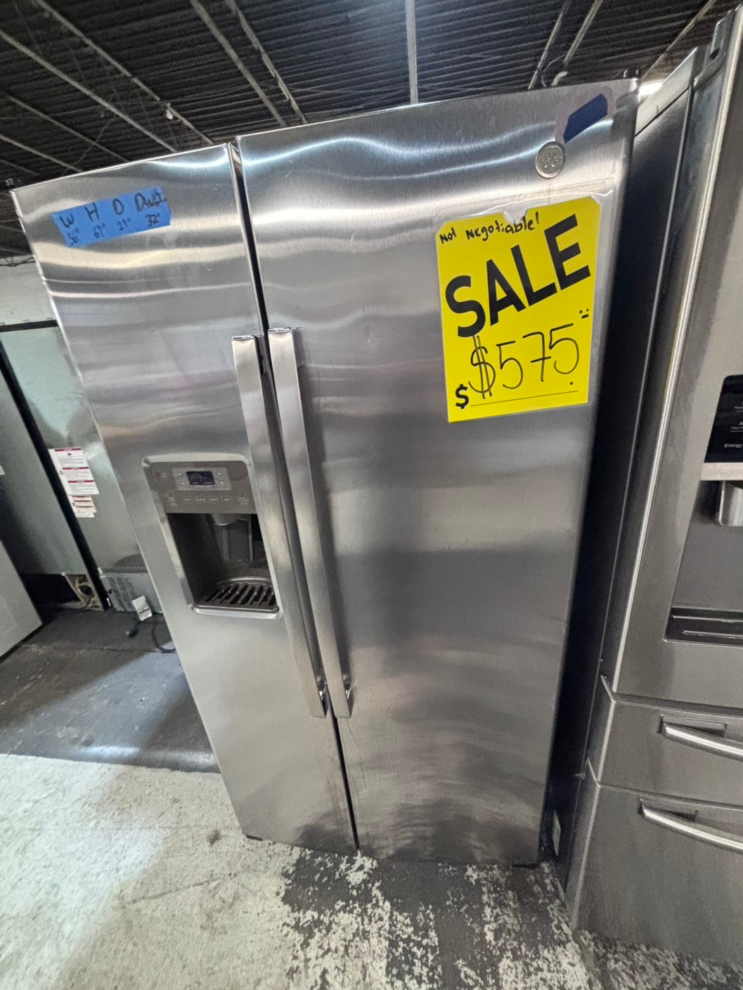 >*36” x 69h GE side by side Refrigerator and freezer stainless steel w/ice water dispenser 36” #AR29A3B