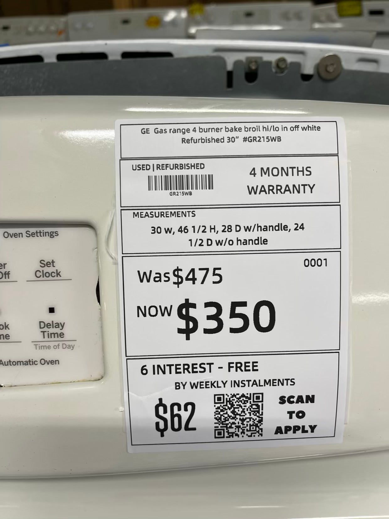 GE Gas range 4 burner bake broil hi/lo in off white Refurbished 30" #GR215WB