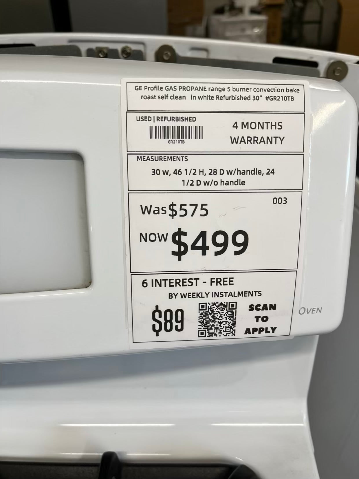GE Profile GAS PROPANE range 5 burner convection bake roast self clean in white Refurbished 30" #GR210TB