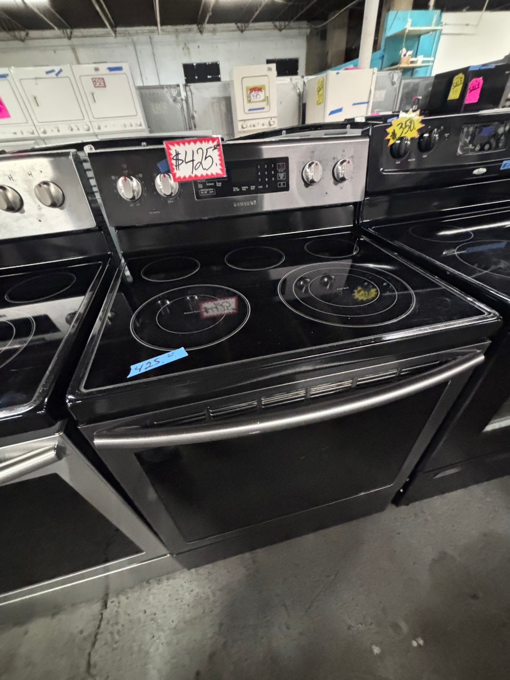 >Samsung  electric 220v glass top  range 5 burner flex duo oven used -Refurbished convection bake Broil self clean black stainless steel 30" #ESS61B