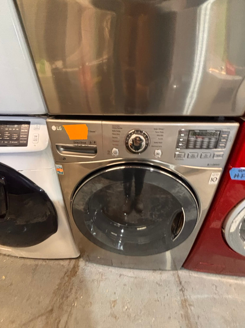 }}LG GAS  washer large capacity& dryer steam set front load stackable or side by side gray-silver 27” working 💯 with warranty !   used-Refurbished #LGSQ77SET