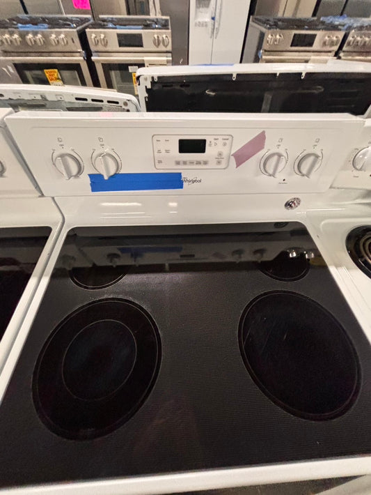 <whirlpool Glass Top electric stove white bake broil 4 burner Self clean 30” white Refurbished #WWE76B