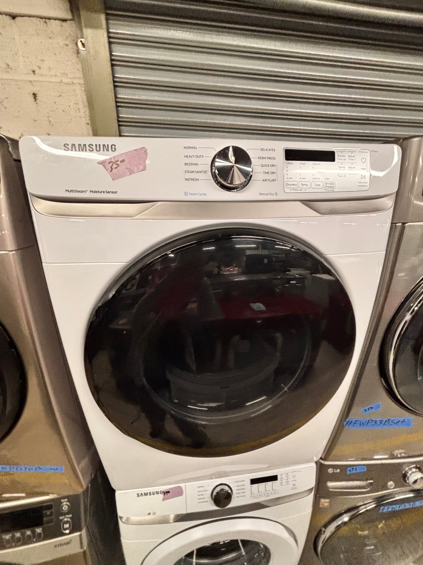 >Samsung Sensor dry steam electric 220v dryer front load stainless steel drum 7.5cu.ft. large capacity  27" white #WDS46BL