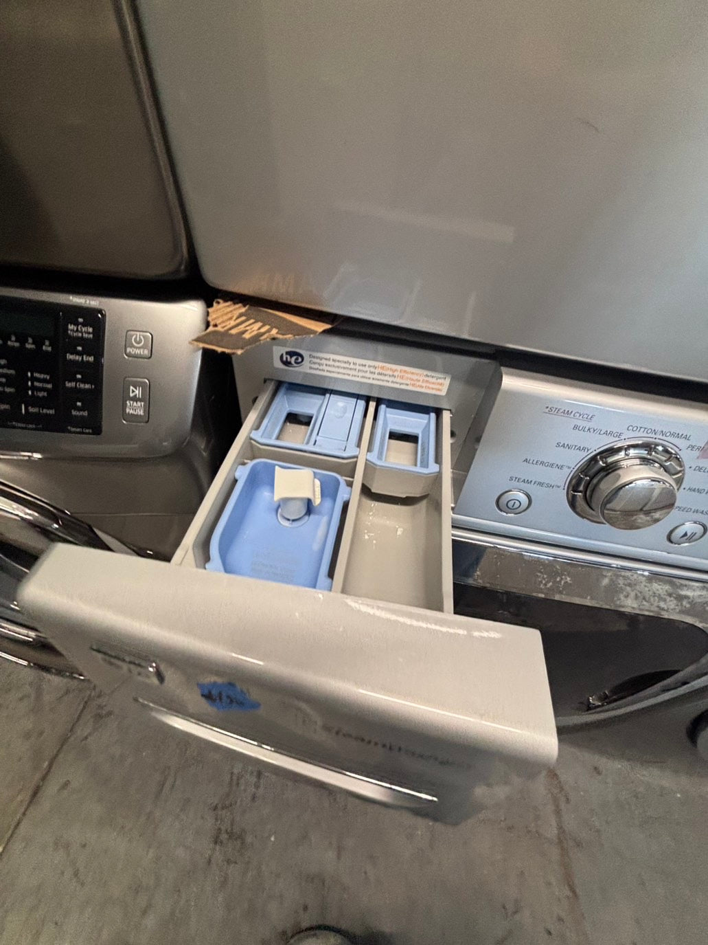 >*LG GAS  washer large capacity& dryer steam set front load stackable or side by side gray 27” in used-Refurbished #SFLG9B6ET