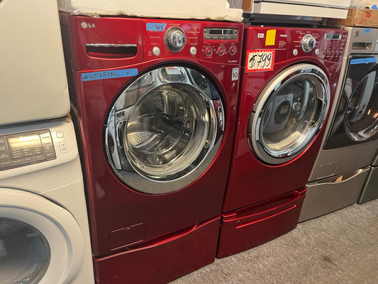 - LG front load washer & dryer set electric 220v large capacity w/pedestal extra storage in red 27” #WD783NL