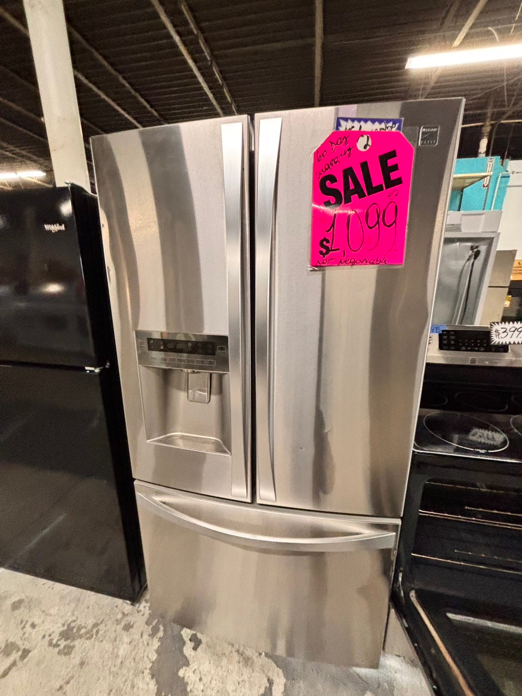 >special combo 2pc. Kenmore French door Refrigerator 36” stainless steel with water dispenser & ice maker & electric stove 5 burners & both same brand #RFXV421B