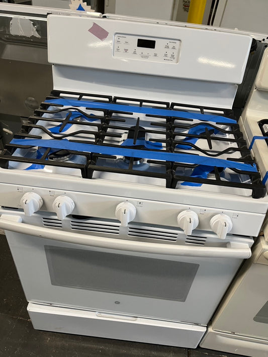 =GE Gas range 5 burner bake  broil hi/lo in  white  self clean used-Refurbished 30" #GEGE34B