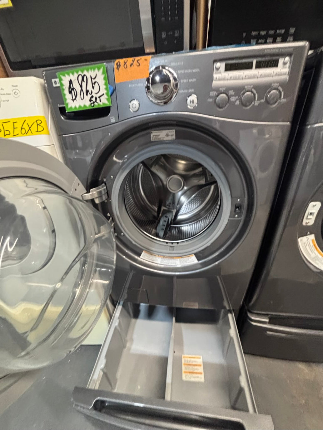 }LG used- refurbished front load electric 220v dryer & washer large  capacity with pedestals in gray color 27” #FLSGTV7B