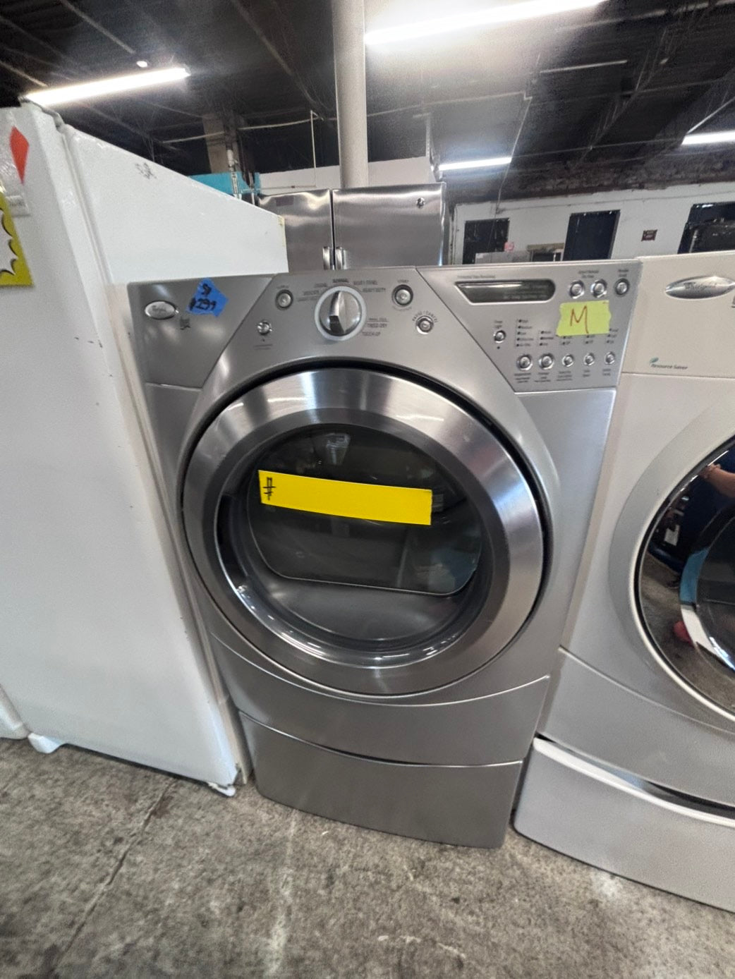 >*whirlpool Dryer electric 220v in white front load w/pedestal extra storage  drum large capacity 27" refurbished #EDV145B