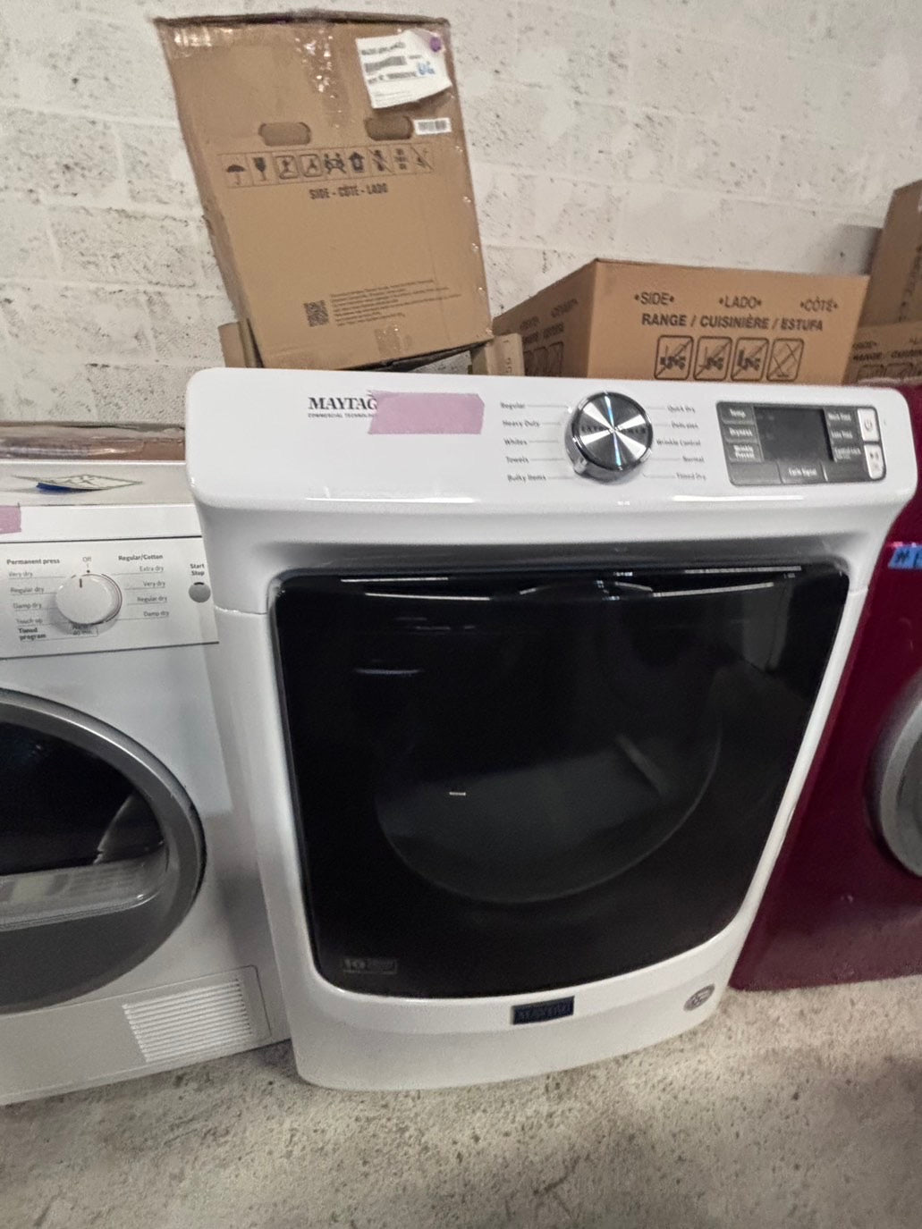 >*maytag sensor Dry front load stackable electric 220v dryer in white  color used-refurbished 27" #DMEY19B
