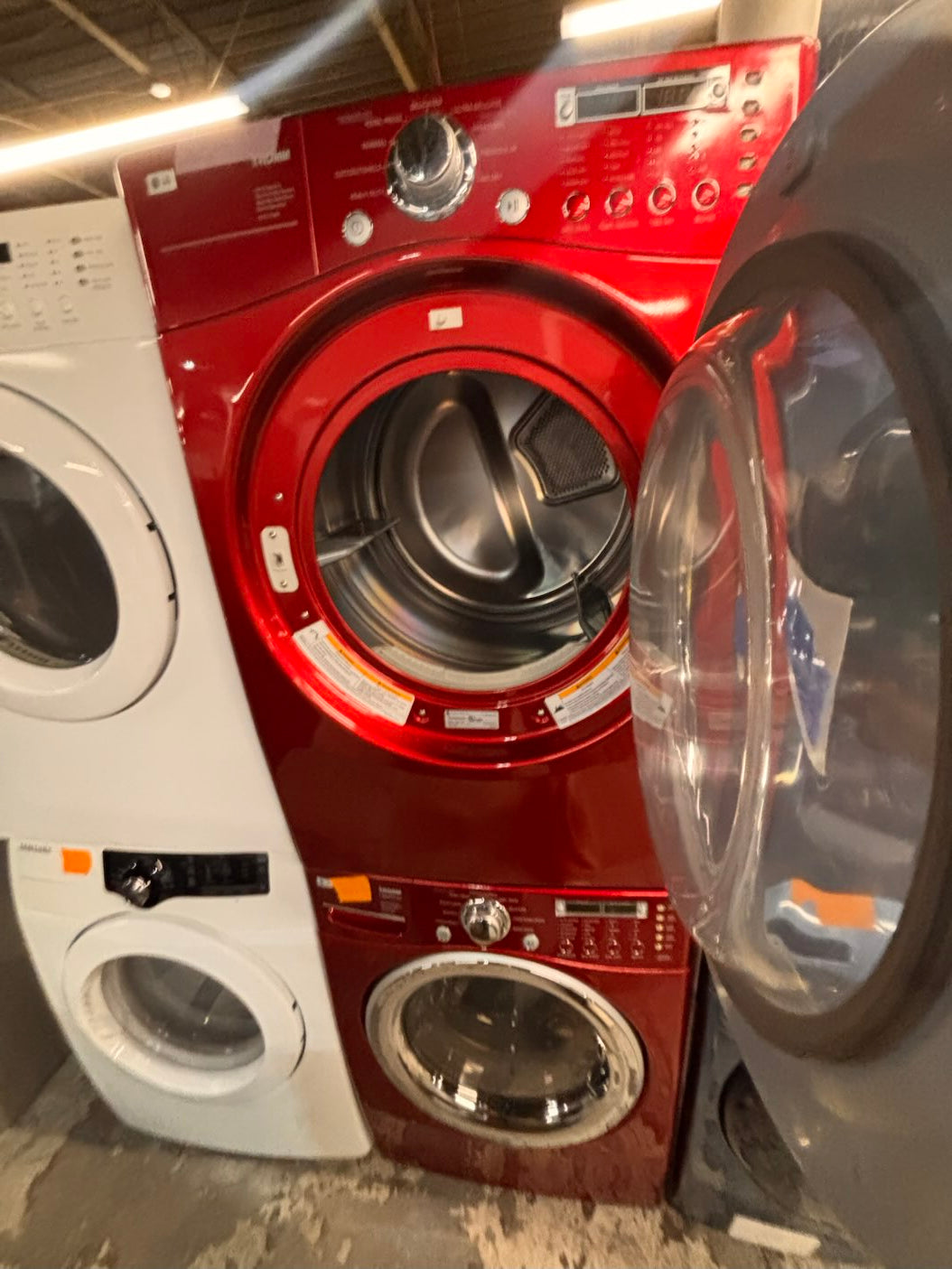 } } LG washer & dryer set large capacity,electric 220v front load stackable or side by side - sensor dry , working 💯 with warranty ! in red color used,refurbished #LGRR74SET