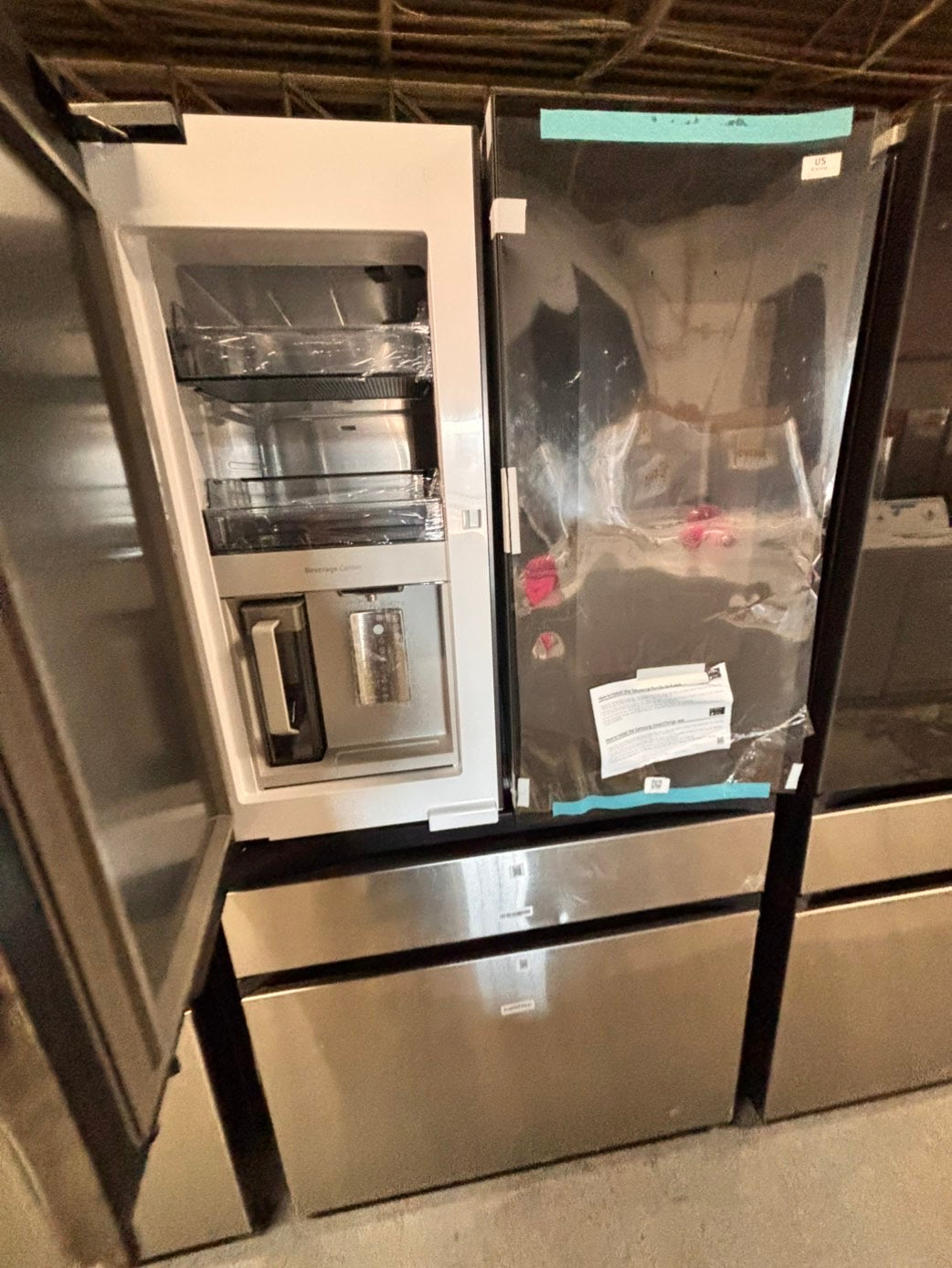 >new open box   Samsung Bespoke 23 cu. ft. Counter Depth 4-Door French Door Refrigerator in Stainless Steel with Family Hub in Charcoal Glass #RFFH8Z41B