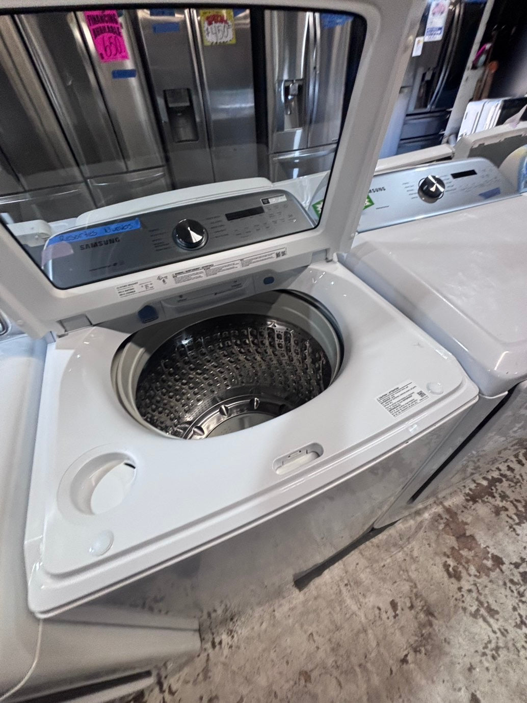>*samsung white  top top load washer large capacity & dryer set electric 220v side x side top load stainless steel drum white color used-refurbished #W5CB3YB