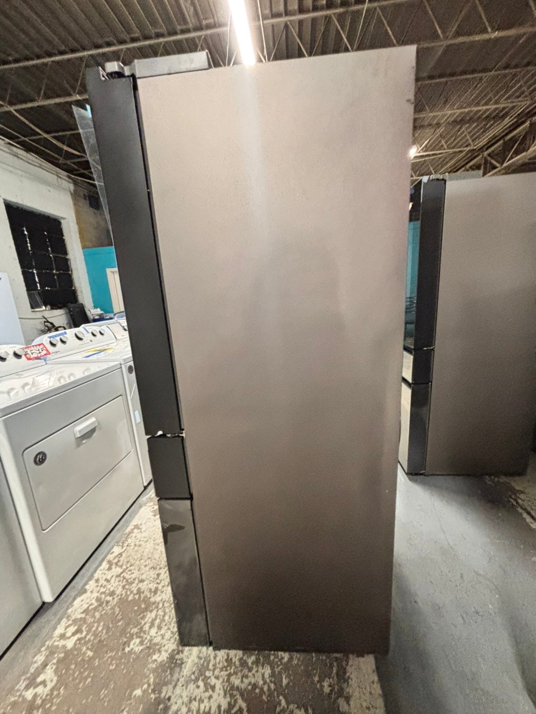 >new open box   Samsung Bespoke 23 cu. ft. Counter Depth 4-Door French Door Refrigerator in Stainless Steel with Family Hub in Charcoal Glass #RFFH8Z41B