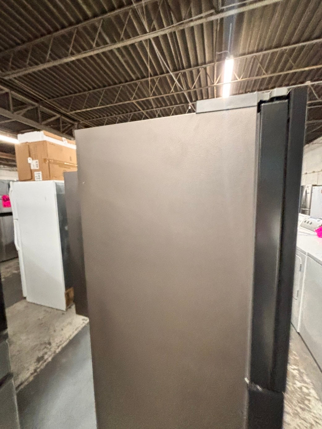 >new open box   Samsung Bespoke 23 cu. ft. Counter Depth 4-Door French Door Refrigerator in Stainless Steel with Family Hub in Charcoal Glass #RFFH8Z41B