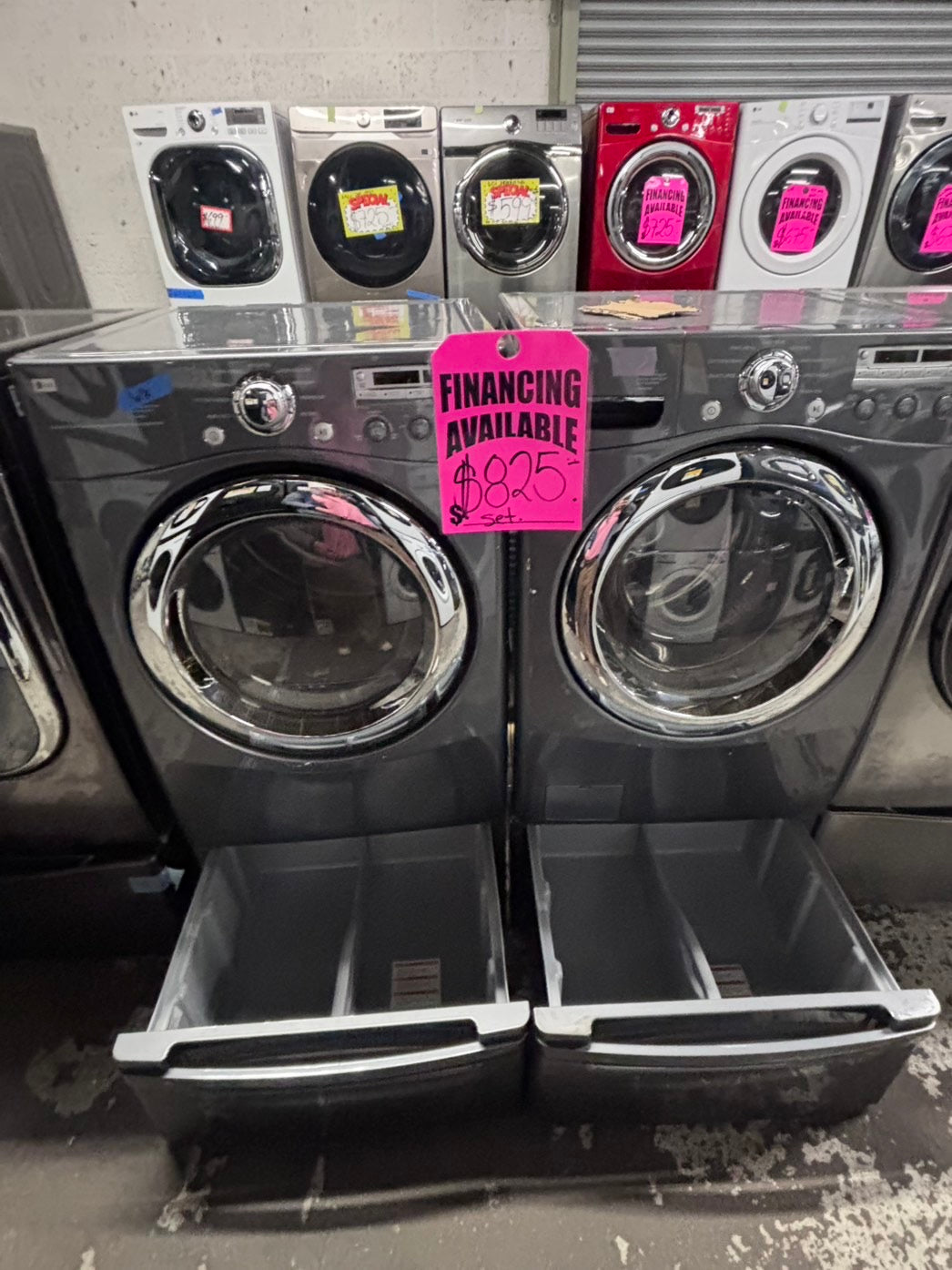 >used- refurbished LG front load washer & dryer set electric 220v large capacity with pedestals in gray stainless steel 27” #ELPV65B