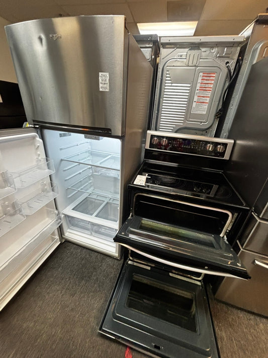 Flash sale⚡️ 2pc. Combo Whirlpool top freezer refrigerator stainless steel 28" counter depth & double oven electric stove 30” #RF2PCW5L