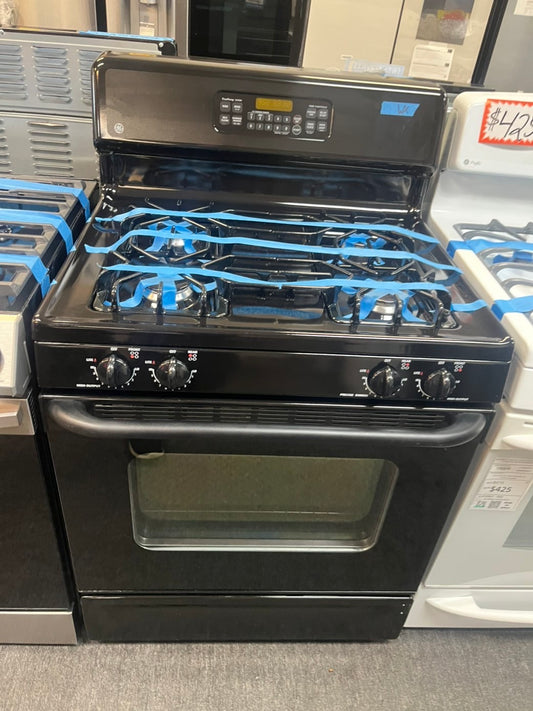 =Ge black Gas range 4 burner bake broil  warning drawer self clean in used-Refurbished 30” #GRGE56B