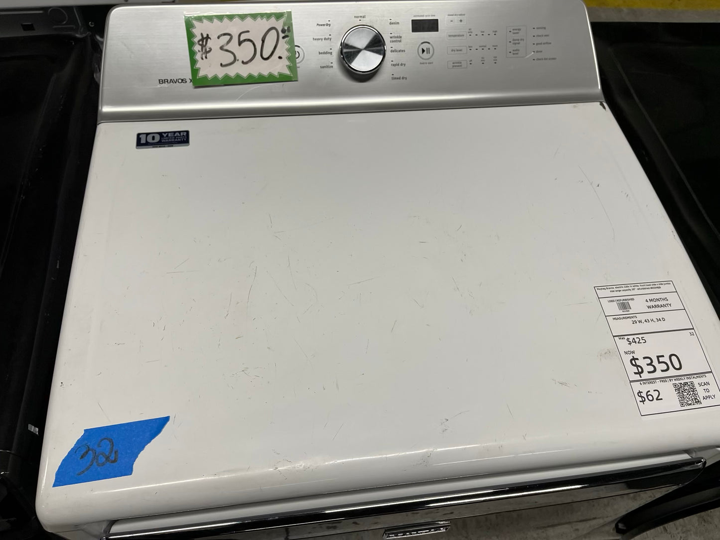 Maytag Bravos electric 220v in white front load side x side jumbo size large capacity 29" refurbished #ED348JB