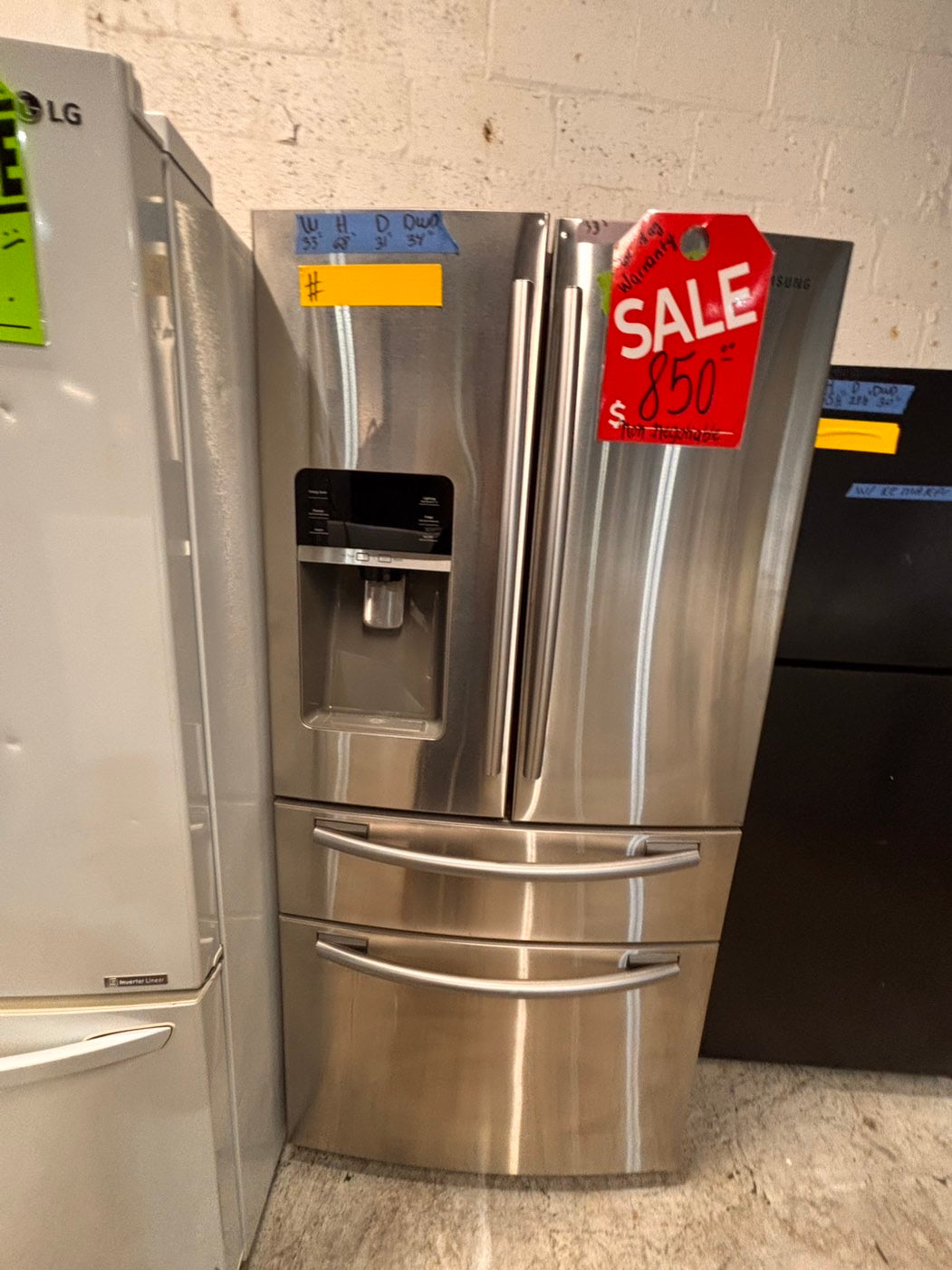 >*special 🔥Samsung 33” wide 4-doors French door Refrigerator 33w x 69h 30”1/2depth. /stainless steel w/ ice water dispenser 33" #RFSXQ38B