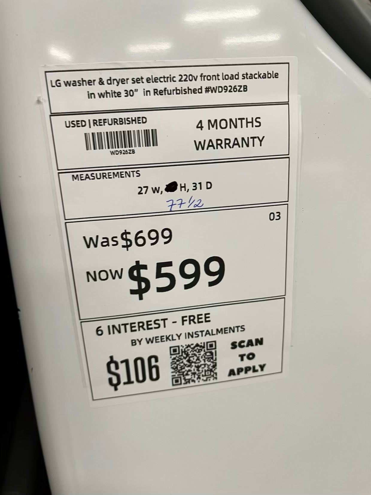 LG washer & dryer set electric 220v front load stackable in white 30" in Refurbished #WD926ZB
