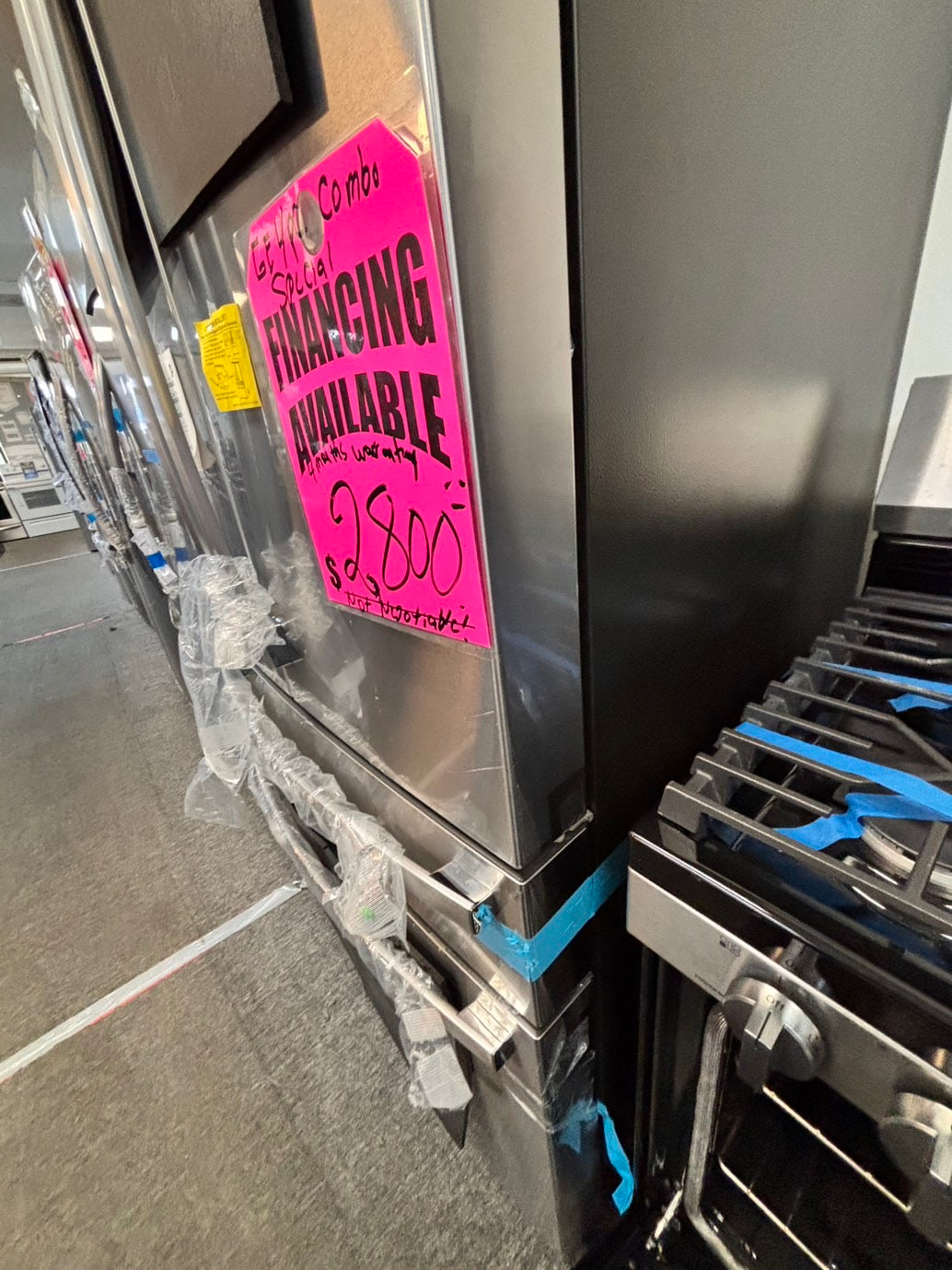 >Special 🎈3pc. Combo new open box  -french door 4-doors refrigerator GE 36” w/ice maker & water dispenser inside ,costumer return gas range five burners Airfry  & new open box over the range microwave GE #RFGAX3PC