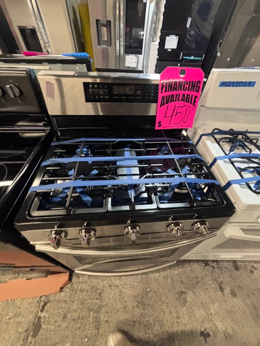 >>samsung Gas range 5 burner convection oven bake ,broil Hi/Lo self clean in stainless steel used-Refurbished 30” #SGX11SB