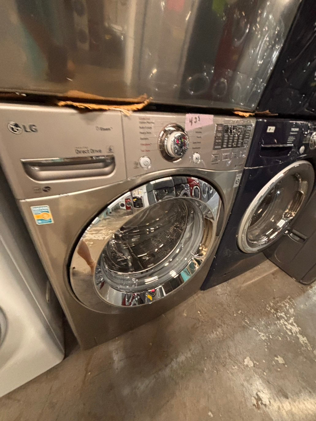 >*Used-great conditions refurbished LG steam washer 4.5cu ft & electric steam dryer 7.5 cu ft large capacity set electric 220v front load stackable or side by side - sensor dry He in silver-gray  #W9PU6SET