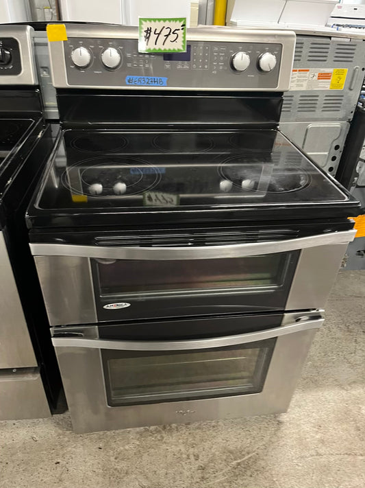 - Whirlpool glass top electric range 220v 5 burner warm zone bake broil steam clean Refurbished double oven stainless steel 30" #ER327HB
