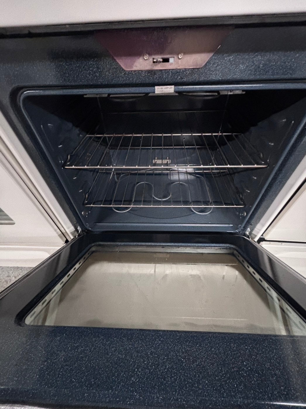>GE Glass Top electric stove off white bake broil 4 burner warn zone Refurbished#ELR5TB
