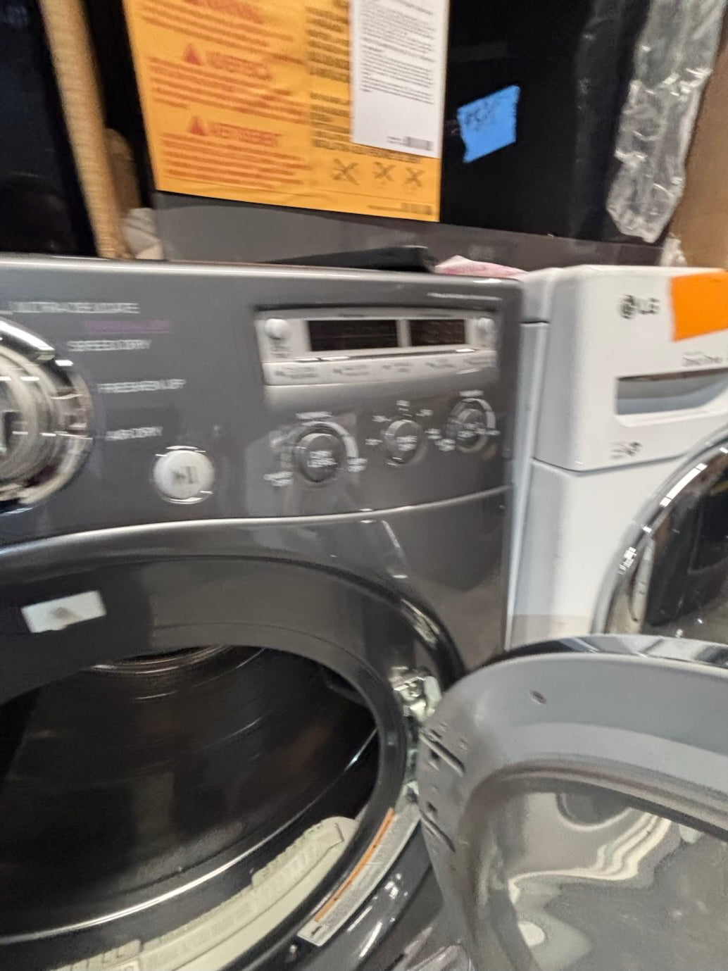 }LG used- refurbished front load electric 220v dryer & washer large  capacity with pedestals in gray color 27” #FLSGTV7B