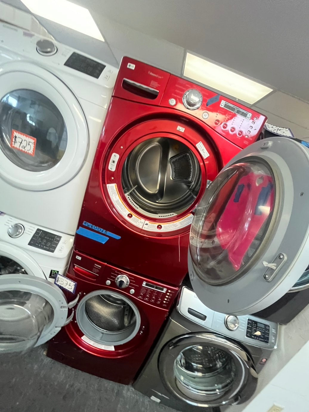 >LG washer 4.0cu ft & dryer 7.5 steam set electric 220v front load stackable or side by side - sensor dry in red  #FLWR23SETL