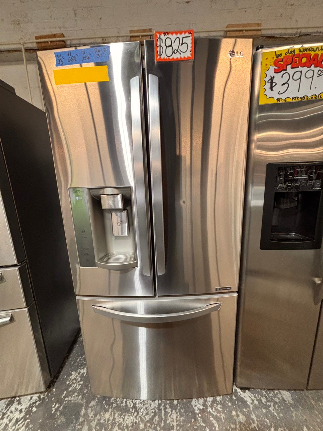 >*LG 33”wide 33” doors French door Refrigerator 33w x 69h x29 1/2depth. /stainless steel w/ ice water dispenser 33" #RLGH38B