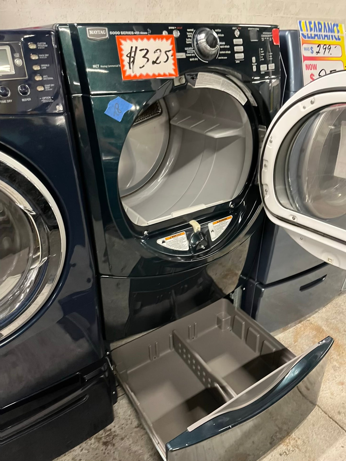 Clearance 🔥🎈Maytag Dryer electric 220v in dark green front load w/pedestal extra storage stainless steel drum large capacity 27" refurbished #ED346HB