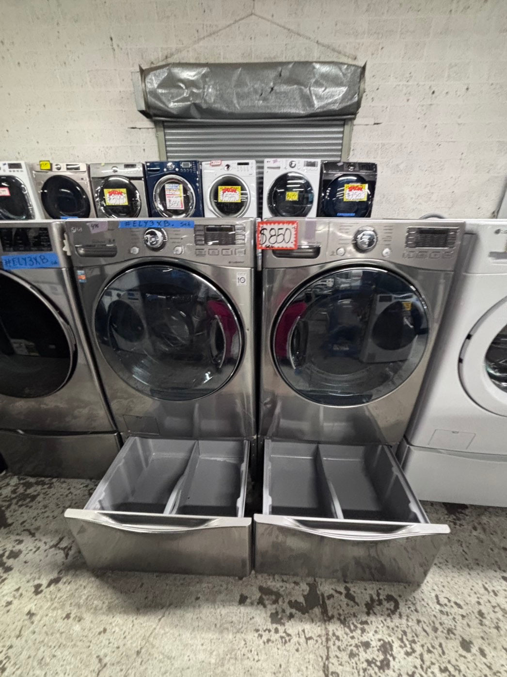 >used- refurbished LG front load washer & dryer set electric 220v large capacity with pedestals in stainless steel 27” #ELY3X45B